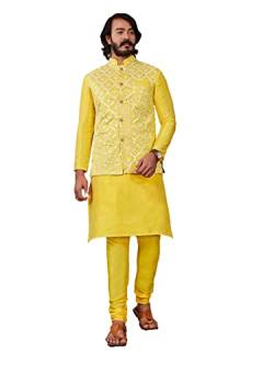 Punjabi Man wear Designer Straight Style Art Silk Traditional Kurta Pyjama Indian Ethnic Outfit Bollywood Salwar Kurta 2168, gelb, Medium von SHRI BALAJI SILK & COTTON SAREE EMPORIUM