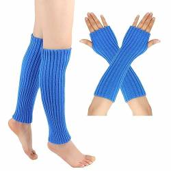 SHTGOI Beinstulpen und Pulswärmer Set Baumwolle Strick Beinwärmer Fingerlose Handschuhe Winter Arm Handwärmer Legwarmer Bein und Arm Stulpen für Yoga-Tanzen Turnhalle Ausübt Halten Warm Saphirblau von SHTGOI