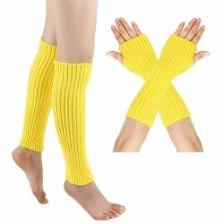 SHTGOI Beinstulpen und Pulswärmer Set Baumwolle Strick Beinwärmer Fingerlose Handschuhe Winter Arm Handwärmer Legwarmer Bein und Arm Stulpen für Yoga-Tanzen Turnhalle Ausübt Halten Warm Bright Gelb von SHTGOI