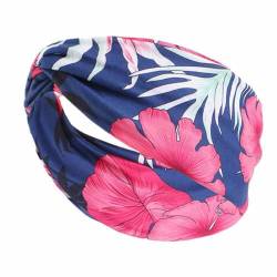 SHTGOI Damen Breit Stirnband mit Rot Blume gedruckt Baumwolle Verdrehte Turban-Stirnband Elastische Weiche Sport Haarbänder Boho Mode Haarband-Kopftuch für Alltag Yoga Make-up Workouts Marineblau von SHTGOI