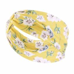 SHTGOI Damen Breit Stirnband mit Weiße Blumen gedruckt Baumwolle Verdrehte Turban-Stirnband Elastische Weiche Sport Haarbänder Boho Mode Haarband-Kopftuch für Alltag Yoga Make-up Workouts Gelb von SHTGOI