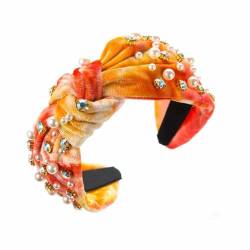 SHTGOI Damen Satin Tie-dye Stirnband Haarband mit Bunte Strasssteine und Perlen Vintage Breite Stoff Knoten Headband Elegant Kristall Stirnbänder Haarschmuck für Braut,Hochzeit,Party Orange von SHTGOI