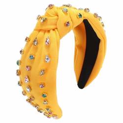 SHTGOI Strass Stirnband Breite Stoff Knoten Haarbände Bling Bunt Kristall Dekor Haarreif Perlen Jeweled Stirnbänder Vintage Prinzessin Kopfschmuck für Frauen Mädchen Party Haarschmuck Dunkelgelb von SHTGOI