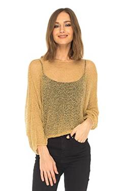 SHU-SHI - Damen Blusen-Oberteil im Poncho-Stil - transparent - leichtes Strickmaterial - Einheitsgröße - Natur-Goldfarben von SHU-SHI