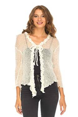 SHU-SHI - Damen Bolero/Cardigan mit Rüschen - transparent - leichtes Strickmaterial - Einheitsgröße - Altweiß von SHU-SHI