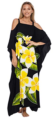 SHU-SHI Damen Kaftan Kleid Maxi Strand Cover Up Cold Shoulder Plus Size Caftan Floral Coverup - Schwarz - Einheitsgröße von SHU-SHI