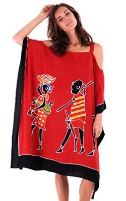 SHU-SHI - Damen Kaftan-Kleid im Poncho-Stil - Cut-Outs an den Schultern - kurz - zum Tragen über Badekleidung - handbemaltes Tribal-Design - Übergröße - Frauenmotiv - Rot von SHU-SHI