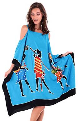 SHU-SHI - Damen Kaftan-Kleid im Poncho-Stil - Cut-Outs an den Schultern - kurz - zum Tragen über Badekleidung - handbemaltes Tribal-Design - Übergröße - Frauenmotiv - Türkis von SHU-SHI