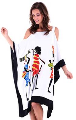 SHU-SHI - Damen Kaftan-Kleid im Poncho-Stil - Cut-Outs an den Schultern - kurz - zum Tragen über Badekleidung - handbemaltes Tribal-Design - Übergröße - Frauenmotiv - Weiß von SHU-SHI