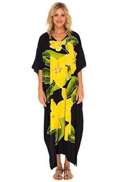 SHU-SHI - Damen Kaftan-Kleid in Maxi-Länge - locker & lang - zum Überziehen - idealer Freizeit-Look für den Strand - Übergröße - Schwarz von SHU-SHI