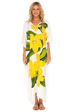 SHU-SHI - Damen Kaftan-Kleid in Maxi-Länge - locker & lang - zum Überziehen - idealer Freizeit-Look für den Strand - Übergröße - Weiß von SHU-SHI
