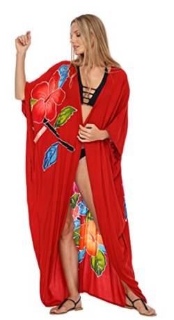 SHU-SHI - Damen Kimono im Cardigan-Look - vorne offen - zum Überziehen am Strand - Blumenmotiv - Einheitsgröße - Rot von SHU-SHI