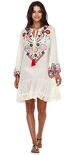 SHU-SHI - Damen Kleid im Tunika-Stil - kurz & Bestickt - lässiges Boho-Kleid mit Trompetenärmeln - zum Tragen über der Badekleidung - Altweiß - L von SHU-SHI