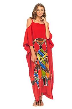 SHU-SHI - Damen Maxi-Kaftankleid - Cut-Out an den Schultern - idealer Freizeit-Look für den Strand - Oversize - Einheitsgröße - Rot - Familienmotiv von SHU-SHI