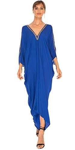 SHU-SHI - Damen Maxi-Kaftankleid - V-Ausschnitt & Cut-Out an den Schultern - Goldfarbene Perlen - Royalblau - L von SHU-SHI