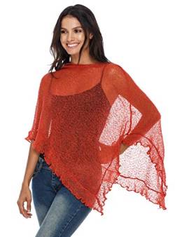 SHU-SHI - Damen Poncho-Top mit Rüschen - transparent - leichtes Strickmaterial - Einheitsgröße - Dunkelorange von SHU-SHI