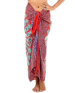 SHU-SHI - Damen Sarong für den Strand - zum Tragen über Badeanzügen & Bikinis - Mandala-Pfauenmuster - Einheitsgröße - Rot von SHU-SHI