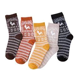 SHUIXIN Crew-Socken für Damen, Winter, gemütlich, warm, gestrickt, niedliches Rentier, Schneeflocke, Eichhörnchen, Entenmuster, Stiefel, Thermostrumpf, 5 Paar, a, 20cm(7.28in) von SHUIXIN