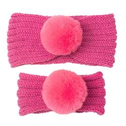 Damen-Weihnachts-Stirnband-Set für die Familie, süße, weiche, dehnbare, gestrickte Stirnbänder, geknotete, solide Kopfbedeckung für Mutter und Baby Ohrenwärmer Damen (Hot Pink, One Size) von SHUIYUE