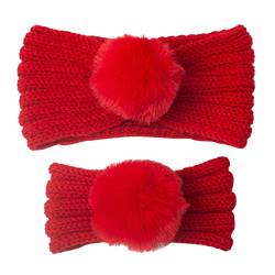 Damen-Weihnachts-Stirnband-Set für die Familie, süße, weiche, dehnbare, gestrickte Stirnbänder, geknotete, solide Kopfbedeckung für Mutter und Baby Ohrenwärmer Damen (Red, One Size) von SHUIYUE