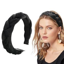 Geflochtenes Haarband, Samt, geflochtenes Stirnband, Damen, breites Vintage-gepolstertes Stirnband für Frauen und Mädchen Stirnband Fahrradhelm Damen (Black, One Size) von SHUIYUE