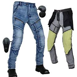 SHUOJIA Motorrad-Jeanshose Für Herren,Reißfester Sturzfeste Jeans mit Abnehmbar Rüstung Knie-Hüftpolster, Motorradhose Für Motorradrennfahrer (Blue,S) von SHUOJIA