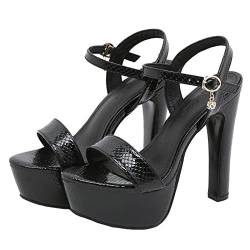 14CM / 5.51IN Damen Klassisches Schlangenmuster Knöchelriemen Heels Peep Toe Schnallenriemen High Heels EIN Wort Gürtel Sandalen Pumps Pole Dancer Stripper Partykleid Abend,Schwarz,38 EU von SHbfyFU