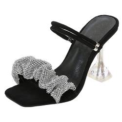 SHbfyFU 9CM / 3.54IN Damen Temperament Persönlichkeit EIN Wort Gürtel Strass Quadratischer Kopf Peep Toe Wedges Sandalen High Heels Pumps Pole Dance Stripper Party Sandalen,Schwarz,36 EU von SHbfyFU