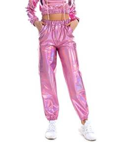 Siaeamrg Damen-Jogginghose, glänzend, Metallic, hohe Taille, Stretch, Wetlook, Hip Hop, Club, Holografische Hose, Sweatpants - Pink - Groß von SIAEAMRG