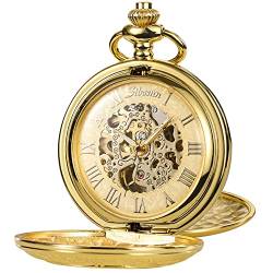 SIBOSUN-Gold Klassisch Vintage Mechanische Taschenuhr graviertem Skelett-Zifferblatt Feines Uhrwerk mit römischen Ziffern für Damen und Herren, mit Box und Kette. von SIBOSUN