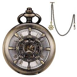 SIBOSUN Taschenuhr Ruder Anhänger Kette Taschenuhr Mechanische Handaufzug Taschenuhren für Männer Hohles Rudergehäuse Doppelabdeckung Taschenuhr mit Ketten Vintage Retro, 3. Bronze, Gold von SIBOSUN