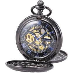 SIBOSUN Taschenuhr Skelett Mechanisch Doppelgehäuse Handaufzug Römische Ziffern Antik Kette Herren, 3 x Schwarz und Blau, Mechanisch von SIBOSUN