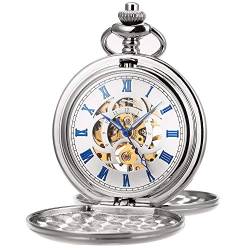 SIBOSUN Taschenuhr mit Kette Analoge Handaufzug Doppeltes Scharnier Antike Gravierte Römische Taschenuhr für Männer Silberfarbene von SIBOSUN