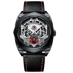 SIBOTTE Automatische Mechanische Herrenuhren Hohle Skelett Totenkopf Zifferblatt Selbstaufzug Herren Armbanduhren Saphir Super Leuchtend Sport Mode Uhr mit Lederband SJ8011(Schwarz) von SIBOTTE