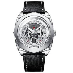 SIBOTTE Automatische Mechanische Herrenuhren Hohle Skelett Totenkopf Zifferblatt Selbstaufzug Herren Armbanduhren Saphir Super Leuchtend Sport Mode Uhr mit Lederband SJ8011(Weiß) von SIBOTTE