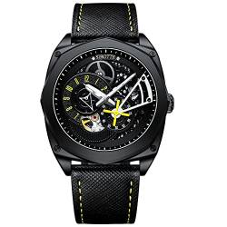 SIBOTTE Skelett Automatik Herrenuhren hohlen Zifferblatt selbst Wind Männer Armbanduhren Saphir super leuchtende Luxus Mode Business-Uhr mit Lederband SJ8022(Gelb) von SIBOTTE