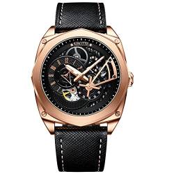 SIBOTTE Skelett Automatik Herrenuhren hohlen Zifferblatt selbst Wind Männer Armbanduhren Saphir super leuchtende Luxus Mode Business-Uhr mit Lederband SJ8022(Roségold) von SIBOTTE