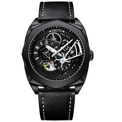 SIBOTTE Skelett Automatik Herrenuhren hohlen Zifferblatt selbst Wind Männer Armbanduhren Saphir super leuchtende Luxus Mode Business-Uhr mit Lederband SJ8022(Schwarz) von SIBOTTE