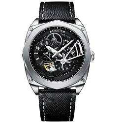 SIBOTTE Skelett Automatik Herrenuhren hohlen Zifferblatt selbst Wind Männer Armbanduhren Saphir super leuchtende Luxus Mode Business-Uhr mit Lederband SJ8022(Weiß) von SIBOTTE