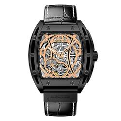 SIBOTTE Tonneau Automatik Herrenuhren Skelett Selbstaufzug Mechanische Herren Armbanduhren Saphir Leuchtend Sport Mode Uhr mit Lederband SJ8033(Schwarz-Roségold) von SIBOTTE