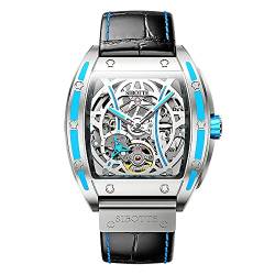 SIBOTTE Tonneau Automatik Herrenuhren Skelett Selbstaufzug Mechanische Herren Armbanduhren Saphir Leuchtend Sport Mode Uhr mit Lederband SJ8033(Silber Blau) von SIBOTTE