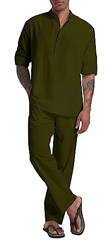 SIENDIU Herren Leinen Sets Henley Shirts 2 Stück Urlaub Outfits Strand Kleidung Casual Anzug Langarm Shirt Yoga Hosen Sommer, Grün (Army Green), XX-Large von SIENDIU