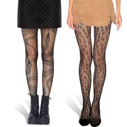 Damen Strumpfhose Mit Muster Strumpfhosen Damen Muster Strumpfhose Muster Frauen hohe Taille Netzstrümpfe Spitze Aushöhlen Gemusterte Strumpfhosen Sexy Fischnetz Strumpfhose (Schlange + Leopard) von SIEUUOAK