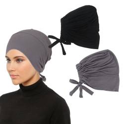 SIEUUOAK 2 Stück Hijab Muslimisch Kopftuch Kopfbedeckung Damen Kopftuch Damen Hijab Kopftuch Turban Damen Hijab Cap Mit Rückenschnürung Verstellbarer Komfort Einfarbiger Hijab (Schwarz & Dunkelgrau) von SIEUUOAK