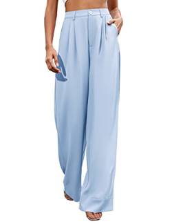 Kocowoo Frauen Casual Wide Leg Pants Button Down Gerade Lange Hosen Hosen Hosen Elastische Hohe Taille Kleid Hosen für Frauen, Hell, blau, 44 von SIFLIF