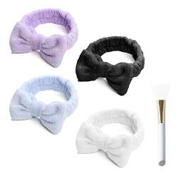 4er-Pack Schleifen-Stirnband, Sport-Stirnband, einfarbiges Stirnband mit 1 Maskenbürste für die Gesichtsreinigung, Make-up-Maske, Männer, Frauen (Weiß, Schwarz, Blau, Lila) von SIKAMARU