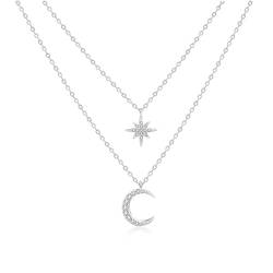 SILBERTALE Geschichtete Halskette 925 Sterling Silber mit Mond Sternen Anhänger Bar Layering-Ketten-Halsband Schmuck für Damen und Mädchen von SILBERTALE