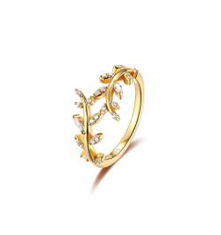 SILBERTALE Olivenblatt Ring Gold Zirkonia Zweige Blattringe Silberringe 925 Damenring Fingerringe Promise Versprechensringe Größe 49-62 von SILBERTALE