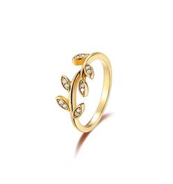 SILBERTALE Olivenblatt Ring Gold Zirkonia Zweige Blattringe Silberringe 925 Damenring Promise Versprechensringe Größe 49-62 von SILBERTALE