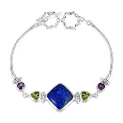 SILCASA Lapislazuli, Peridot und Amethyst Heilstein 925 Silber Kettenarmband für Sie von SILCASA